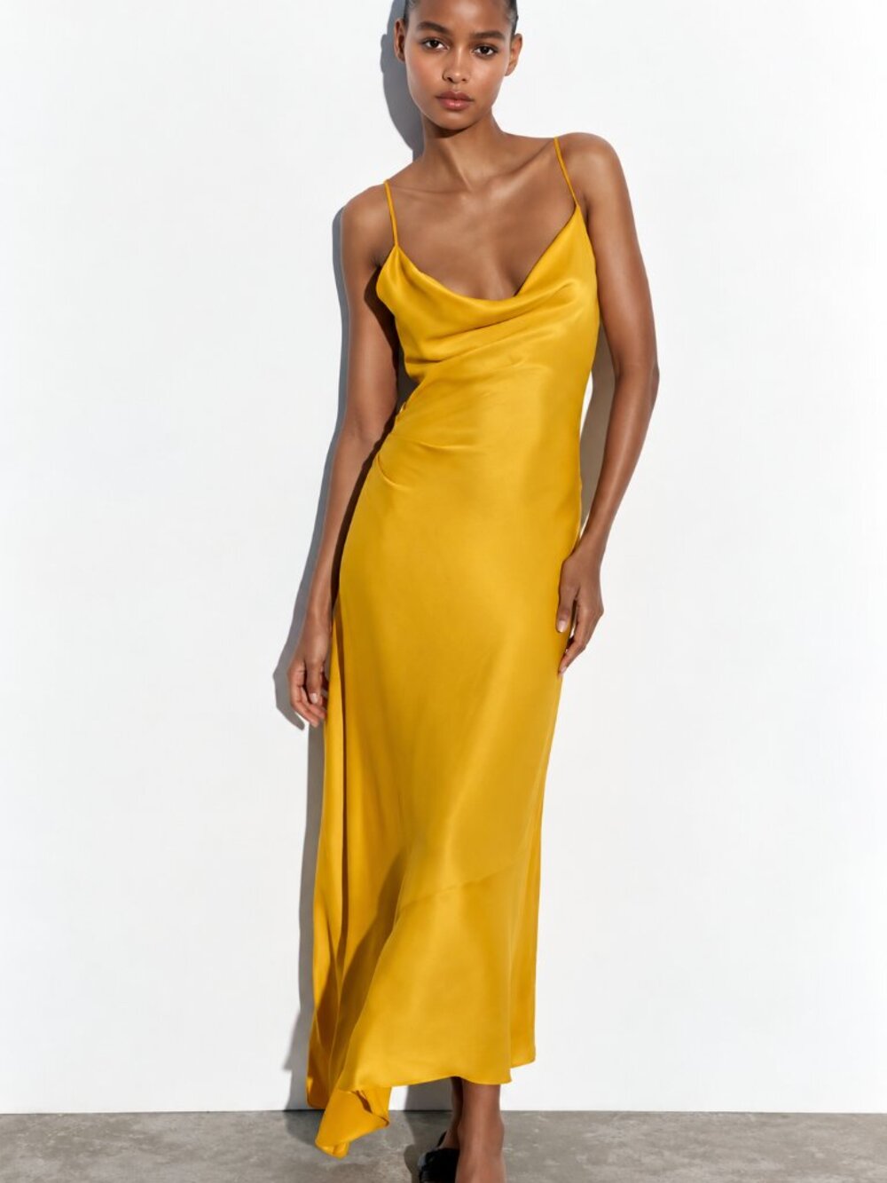 ZARA Cowl Neck Asymmetrical Ruched Slip Dress in Mustard/Gold SZ XS